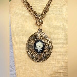 Floral Cameo Ornate Pendant Three Strand Statement Necklace